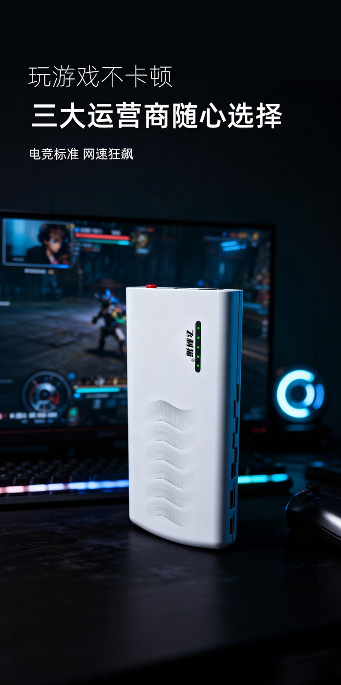 飞利猫充电宝款随身WiFi游戏场景图,强调稳定低延迟