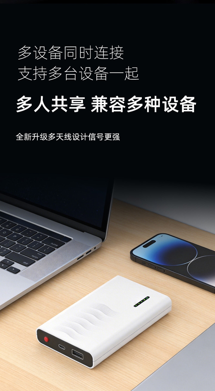充电宝款随身WiFi与手机笔记本同场景,支持多设备共享连接